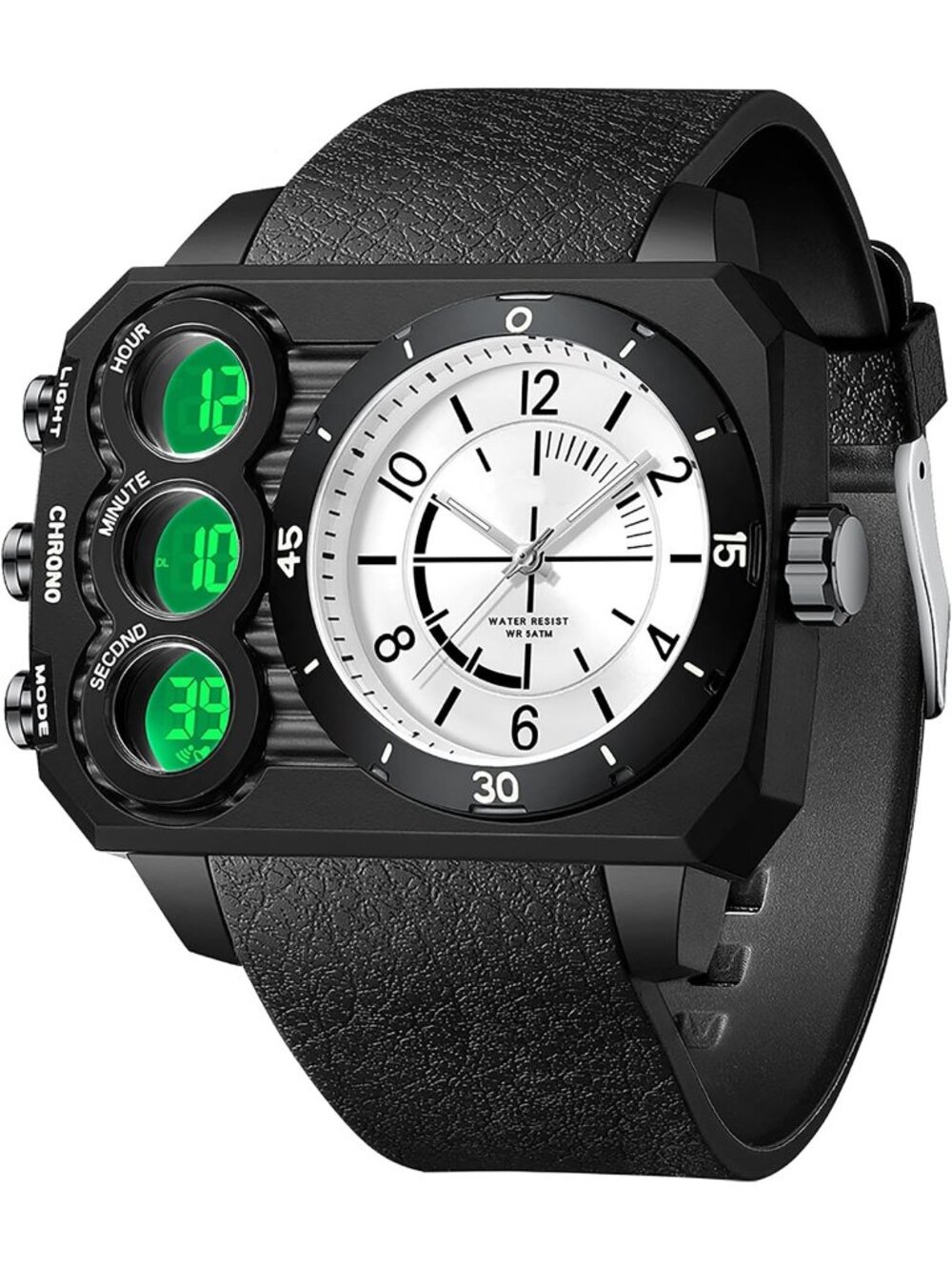 Men's White Square Large Face Cool LED Three Time Zone Countdown Wrist Watch